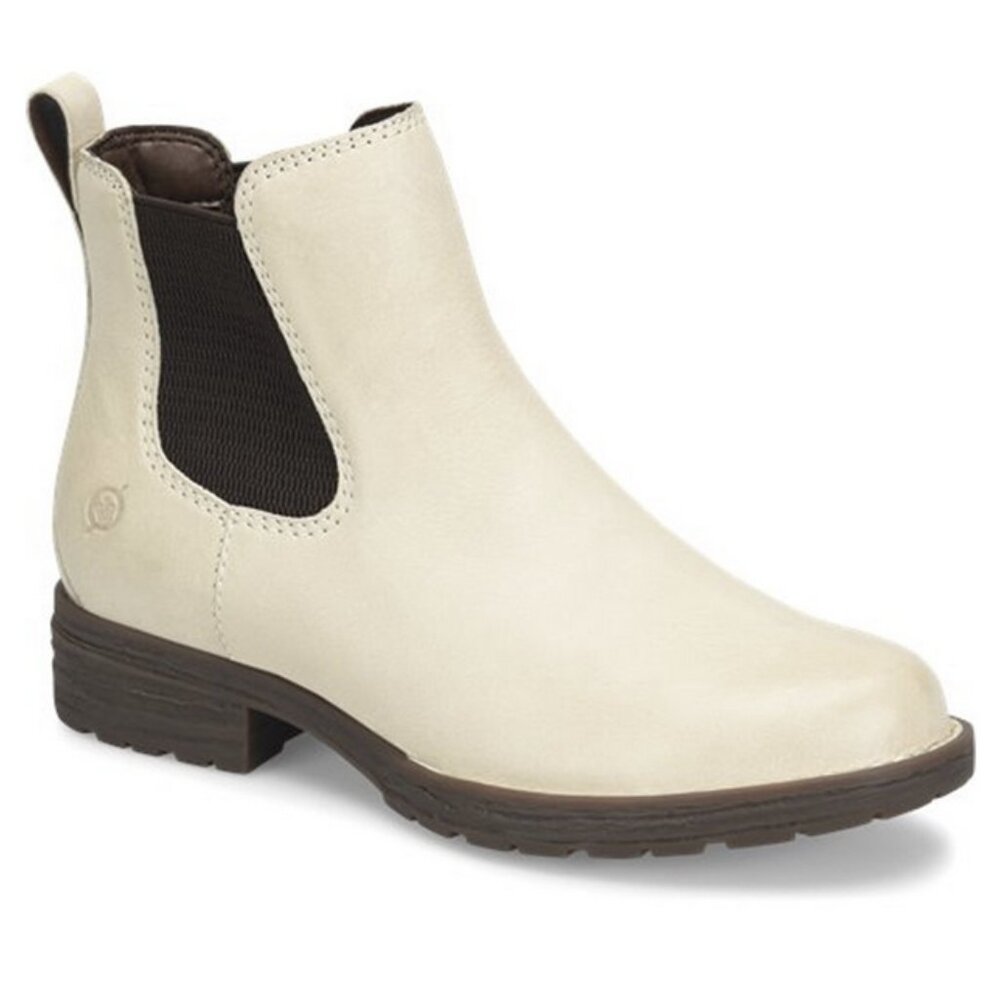 9 Cream Leather Ankle Boot Block Heel Round Toe Short Top Hi Lo Elastic Pull On